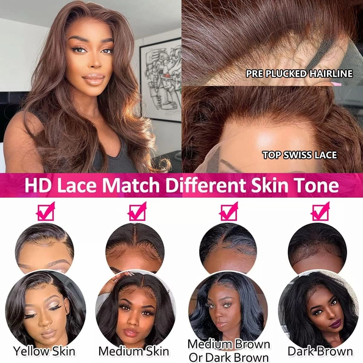 FTQZKEY 14inch Chocolate Brown Body Wave Lace Front Wig 13X4 HD Lace Front Wigs Human Hair 180 Density Brown Human Hair Pre Plucked with Baby Hair