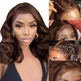 FTQZKEY 14inch Chocolate Brown Body Wave Lace Front Wig 13X4 HD Lace Front Wigs Human Hair 180 Density Brown Human Hair Pre Plucked with Baby Hair