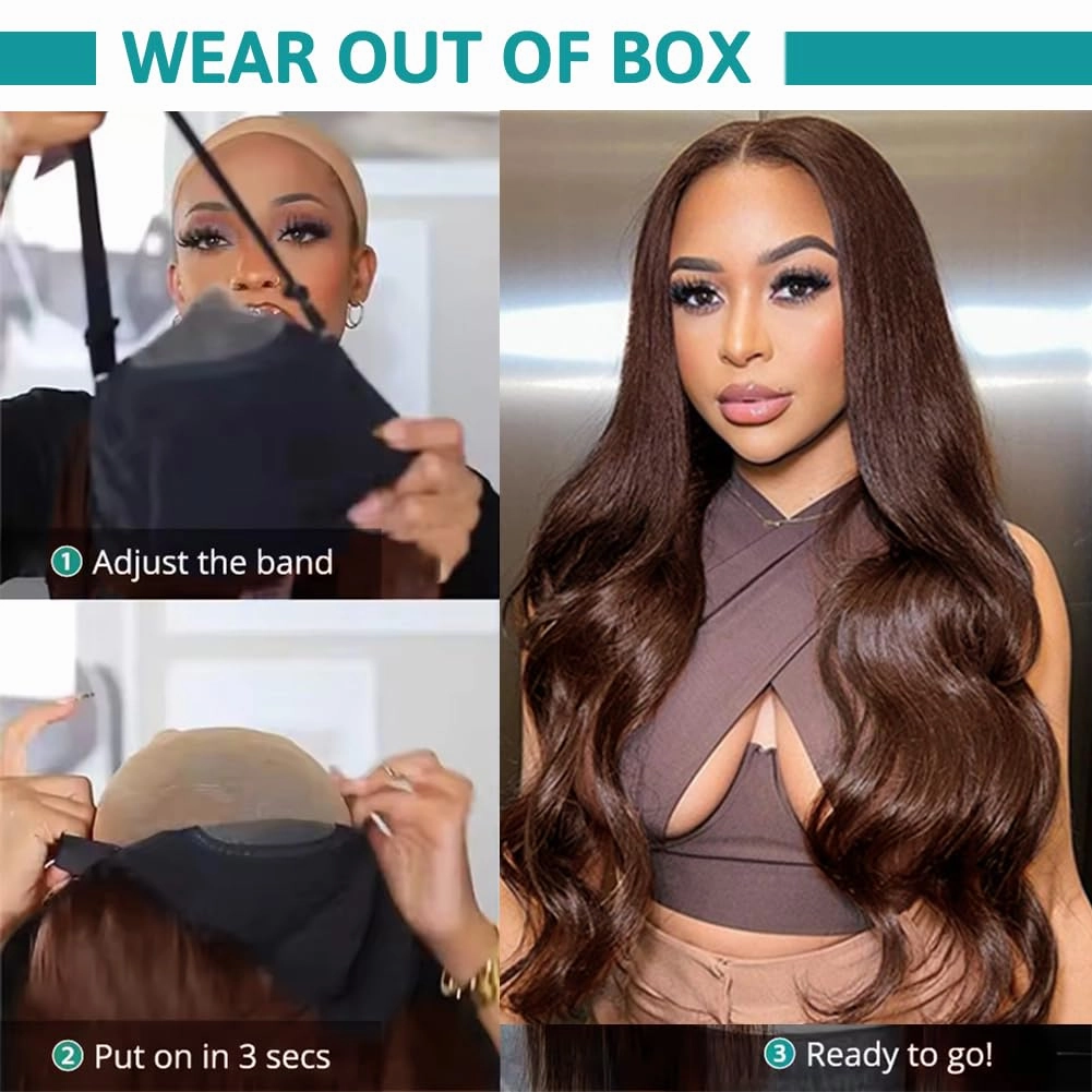 FTQZKEY 30 Inch Brown Glueless Wigs Human Hair Pre Plucked Pre Cut 7X5 Brown Body Wave Wear and Go Glueless Wigs for Women No Glue Hd Lace Front Closure Ready to Wear Wigs 220% Density