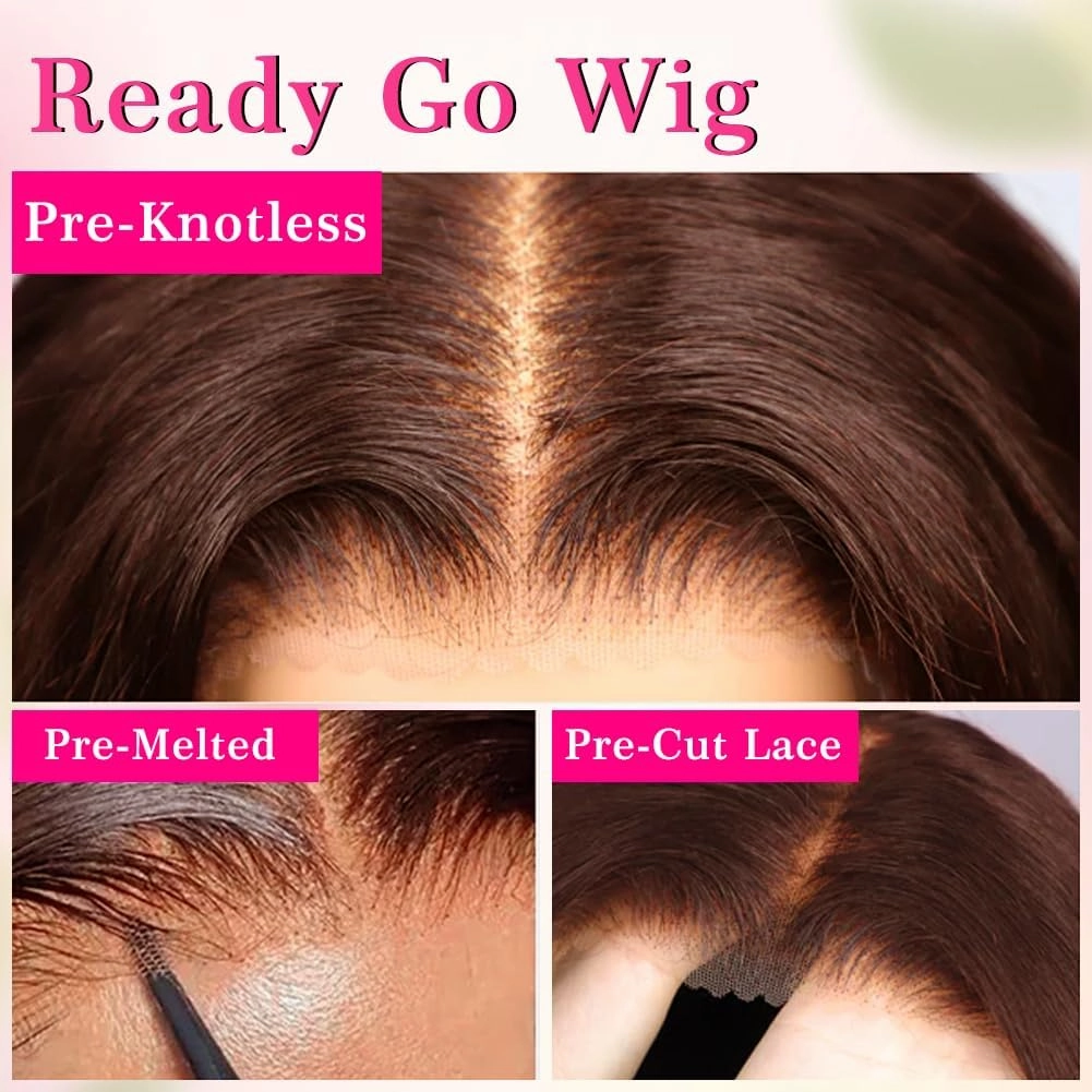 FTQZKEY 30 Inch Brown Glueless Wigs Human Hair Pre Plucked Pre Cut 7X5 Brown Body Wave Wear and Go Glueless Wigs for Women No Glue Hd Lace Front Closure Ready to Wear Wigs 220% Density