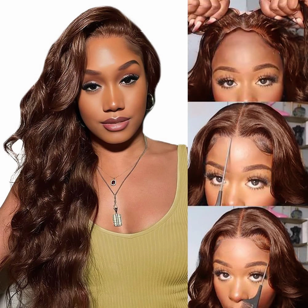 FTQZKEY 30 Inch Brown Glueless Wigs Human Hair Pre Plucked Pre Cut 7X5 Brown Body Wave Wear and Go Glueless Wigs for Women No Glue Hd Lace Front Closure Ready to Wear Wigs 220% Density
