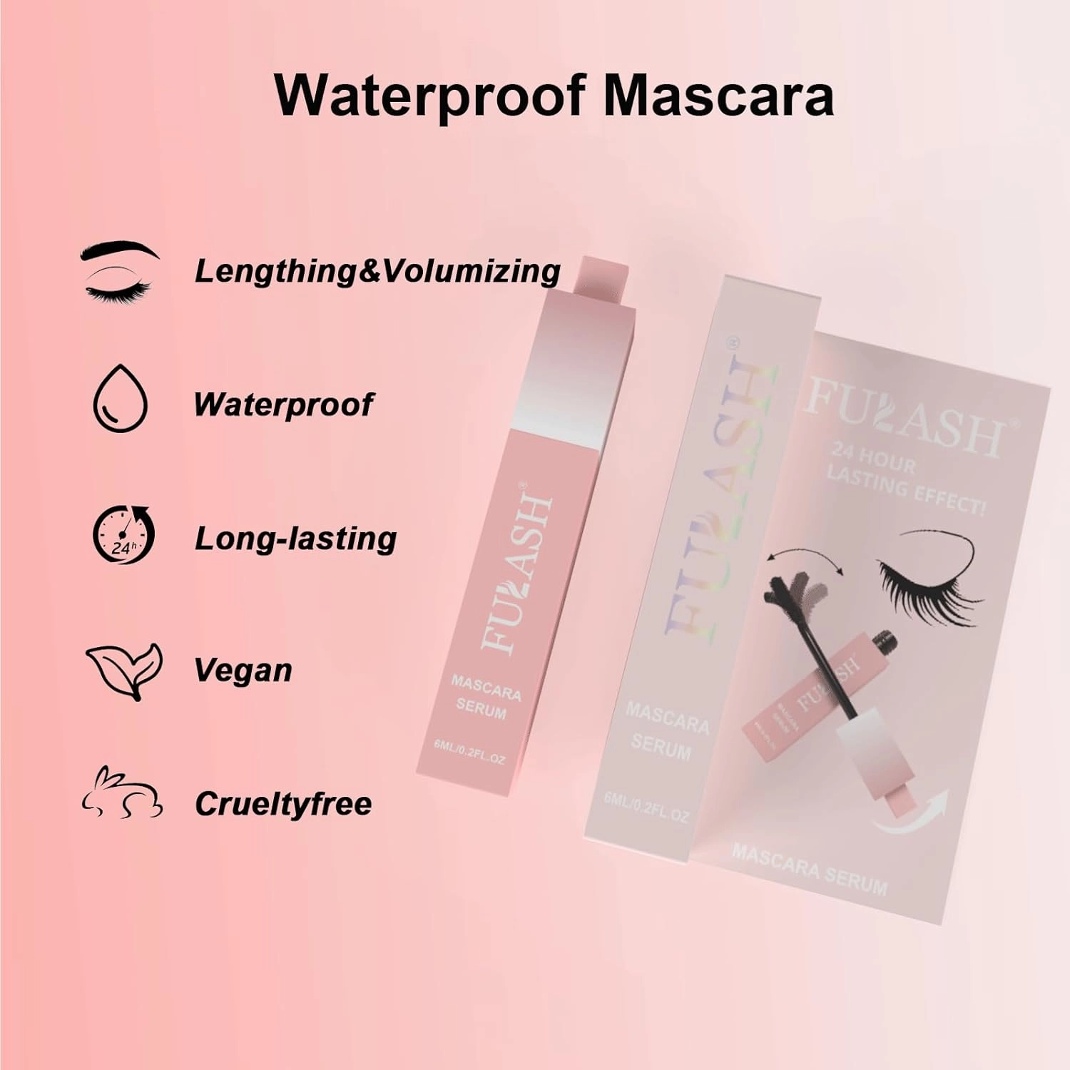 Fulash Waterproof Mascara, Adjustable Mascara, Volumizing, Lengthening, Long-Wearing, Smudge-Proof Vegan Formula, Gift for Women, Black, 6ml