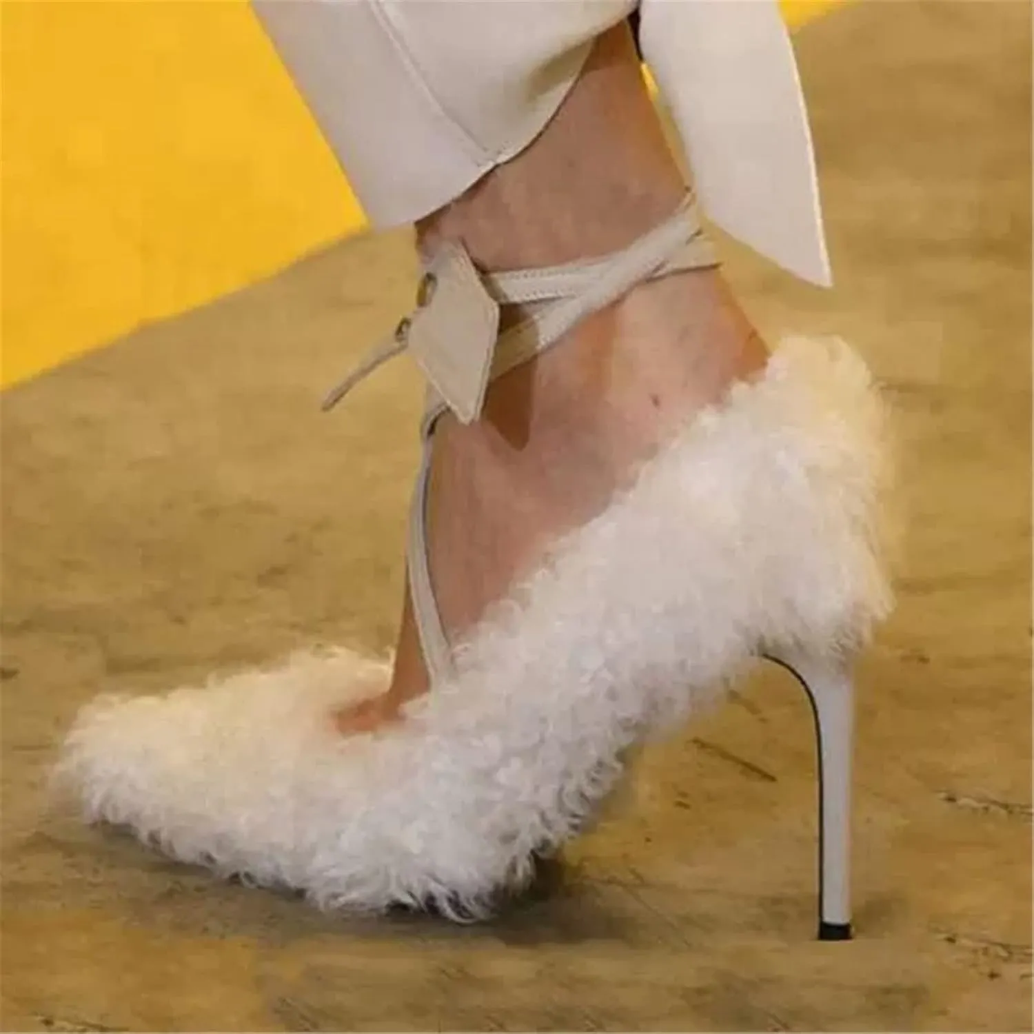 FURINFASHION ME-13 Spring New Design Women Real Lamb Sheep Fur Thin High Heels Shoes With Buckle And Large Size Pointy Low-fronted Heeled Nude Stiletto For Fashion Gilrs Outfits (7, Red)