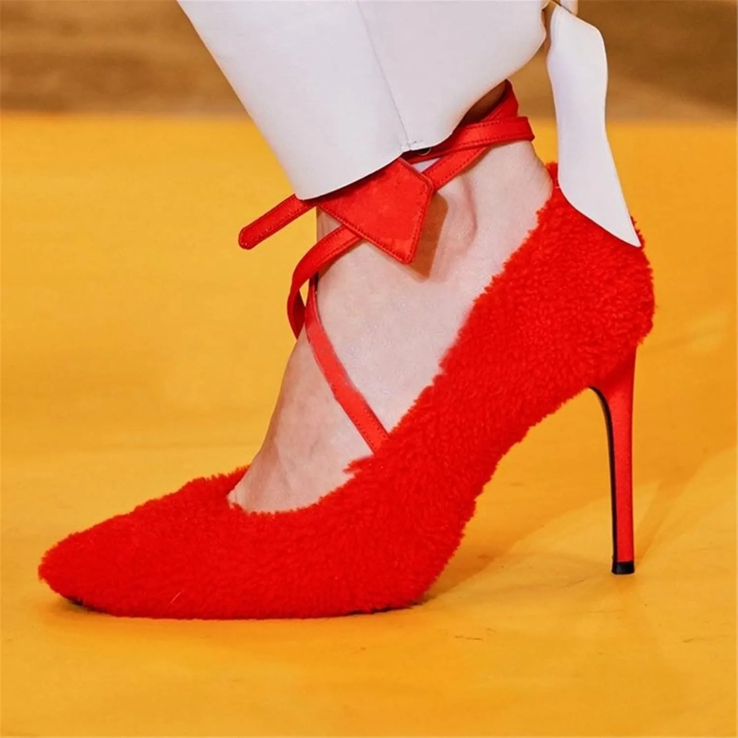 FURINFASHION ME-13 Spring New Design Women Real Lamb Sheep Fur Thin High Heels Shoes With Buckle And Large Size Pointy Low-fronted Heeled Nude Stiletto For Fashion Gilrs Outfits (7, Red)
