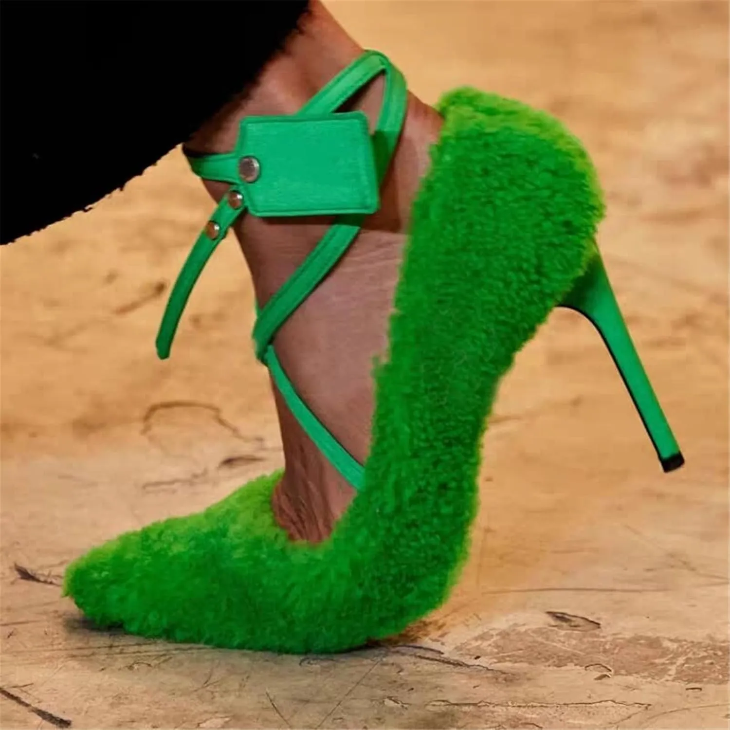 FURINFASHION ME-13 Spring New Design Women Real Lamb Sheep Fur Thin High Heels Shoes With Buckle And Large Size Pointy Low-fronted Heeled Nude Stiletto For Fashion Gilrs Outfits (7, Red)