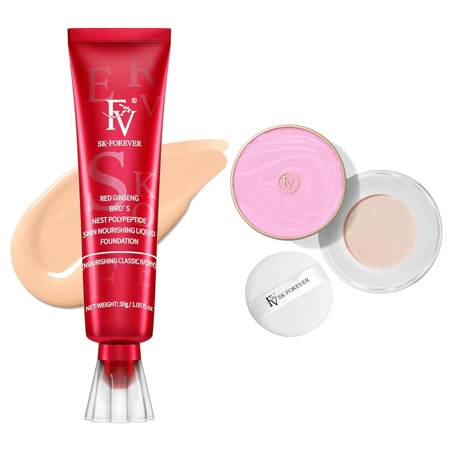 FV Foundation, Hydrating Nourishing Classic Ivory Liquid Foundation with FV Setting Powder, Lightweight Sooth Poreless Matte Ivory Makeup Powder
