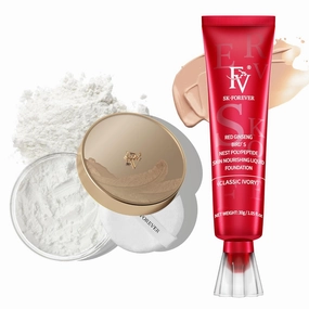 FV Waterproof Foundation with Translucent Setting Powder, Long Lasting & Matte Finish, Lightweight Foundation Makeup Set for Oily/Normal Skin, Pore Minimizer & Oil-Control, Classic Ivory & Shimmer She
