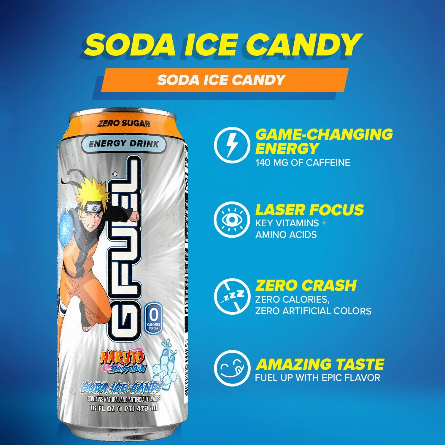 G Fuel Energy Drink, Lemon Lime Slushie, Sugar Free Beverage with 140mg Caffeine, Daily Energy Boost with Focus Amino, Vitamin   Antioxidants, 16 oz Cans (Naruto Shippuden, 12-Pack)