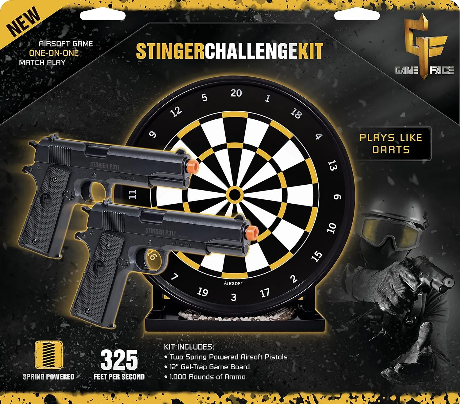 Game FaceGameFace ASP311BDK Stinger Spring-Powered Single Shot Airsoft Pistol Kit with 2 Pistols, Target and BBS, Black