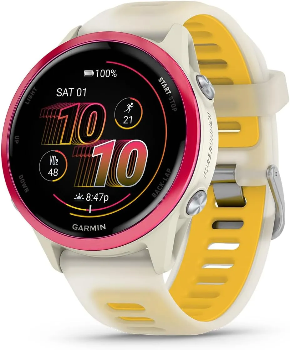 Garmin Forerunner 570 (42 mm, Raspberry/Translucent Bone/Mango) Running GPS Smartwatch - AMOLED Display, Training & Recovery - Bundle with PlayBetter Portable Charger & HD Screen Protectors