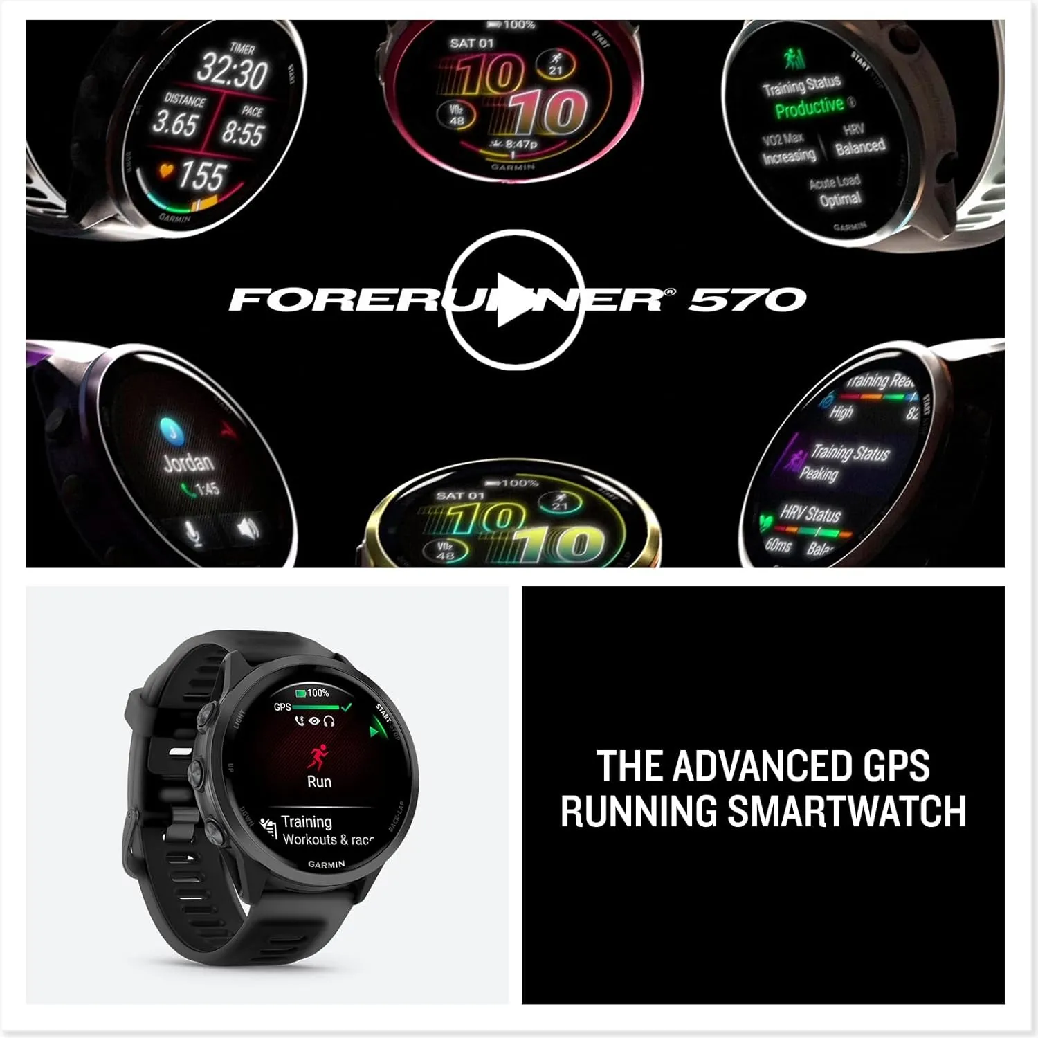 Garmin Forerunner 570 (47 mm, Slate Gray/Translucent Black) Running GPS Smartwatch - AMOLED Display, Training & Recovery - Bundle with PlayBetter Portable Charger & HD Screen Protectors