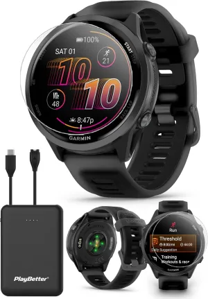 Garmin Forerunner 570 (47 mm, Slate Gray/Translucent Black) Running GPS Smartwatch - AMOLED Display, Training & Recovery - Bundle with PlayBetter Portable Charger & HD Screen Protectors
