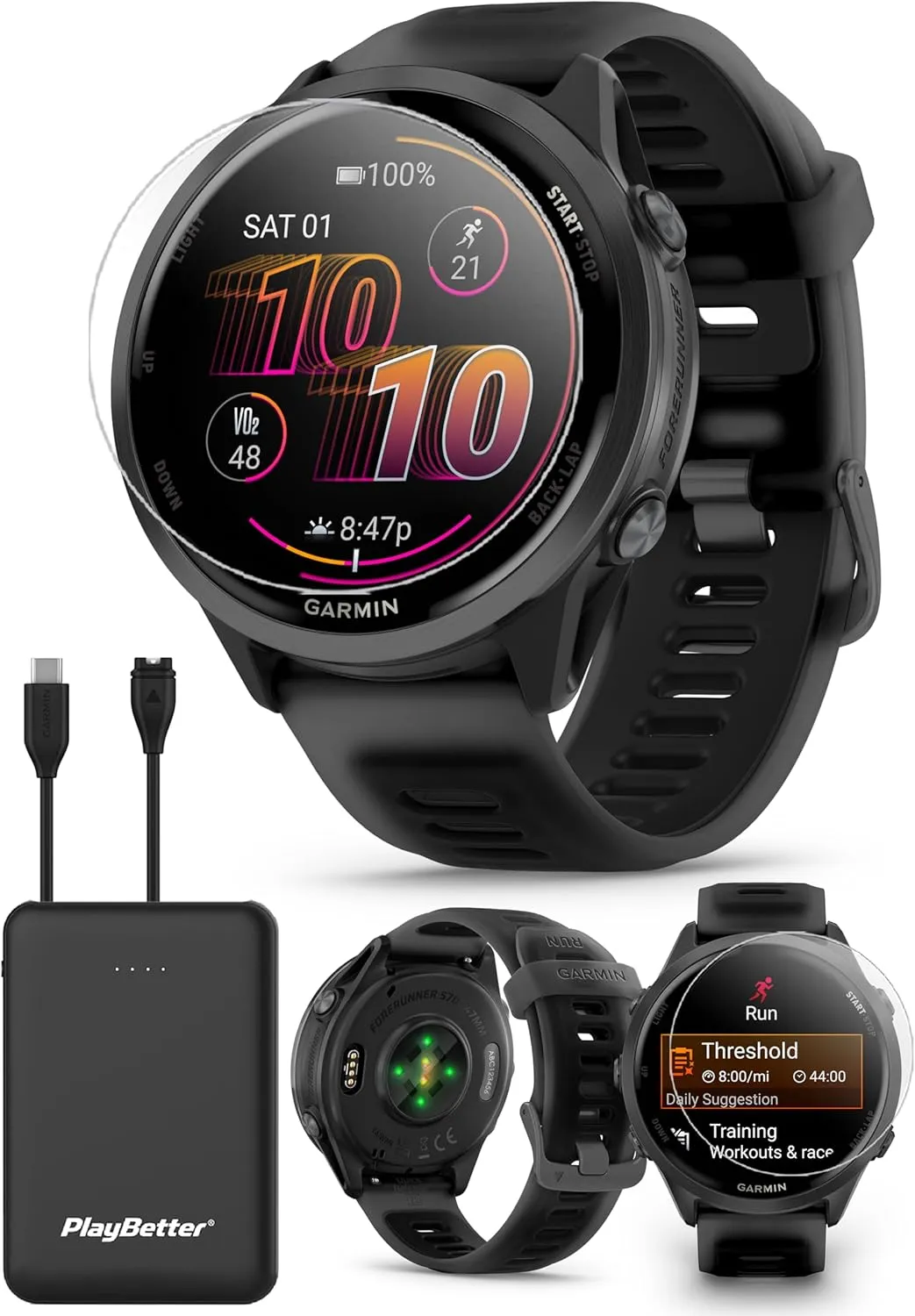 Garmin Forerunner 570 (47 mm, Slate Gray/Translucent Black) Running GPS Smartwatch - AMOLED Display, Training & Recovery - Bundle with PlayBetter Portable Charger & HD Screen Protectors