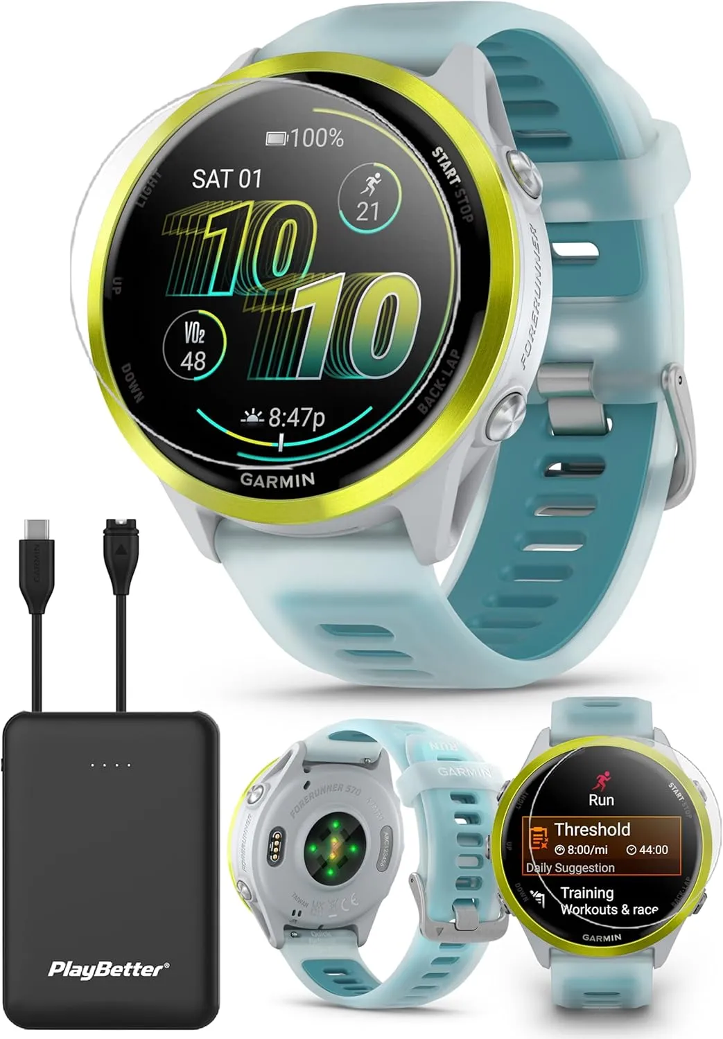 Garmin Forerunner 570 Advanced GPS Running and Triathlon Smartwatch Bundle (47 mm, Amp Yellow/Translucent Whitestone/Turquoise)