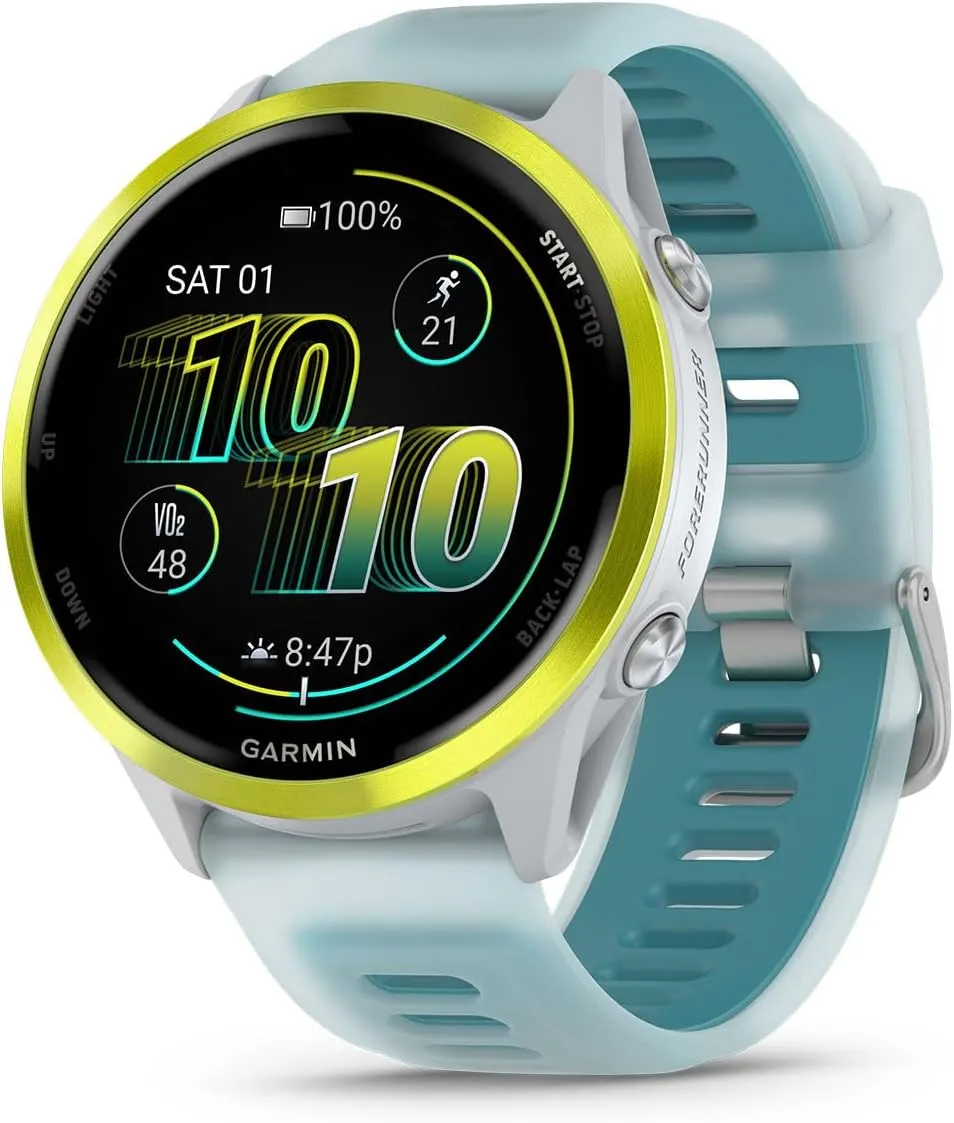 Garmin Forerunner 570 Advanced GPS Running and Triathlon Smartwatch Bundle (47 mm, Amp Yellow/Translucent Whitestone/Turquoise)