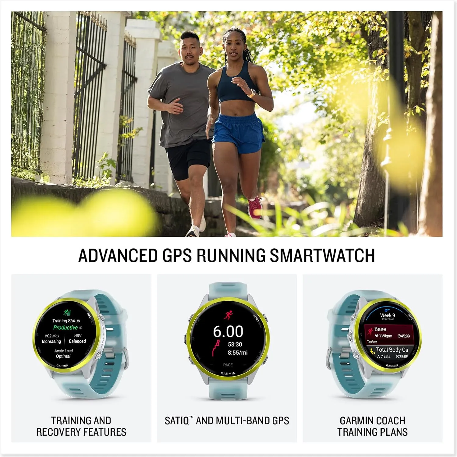 Garmin Forerunner 570 Advanced GPS Running and Triathlon Smartwatch Bundle (47 mm, Amp Yellow/Translucent Whitestone/Turquoise)