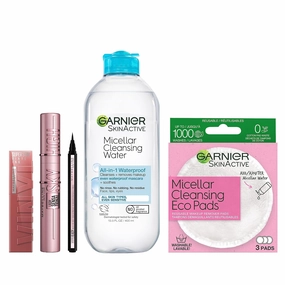 Garnier Micellar Water and Eco Pad Bundle with Maybelline Sky High Mascara, Hyper Easy eyeliner and Vinyl Ink Liquid Lipstick