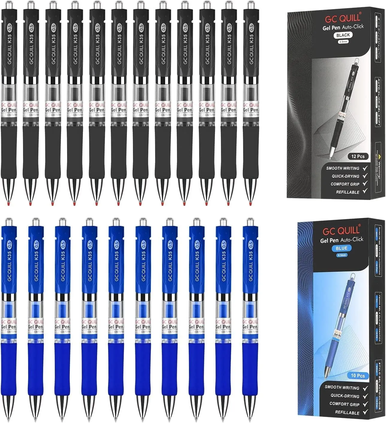 GC QUILL Gel Ink Premium Refillable & Retractable Rolling Ball,0.5mm Fine Point Pen,12 Black Ink  10 Blue Ink Pens BKBL22