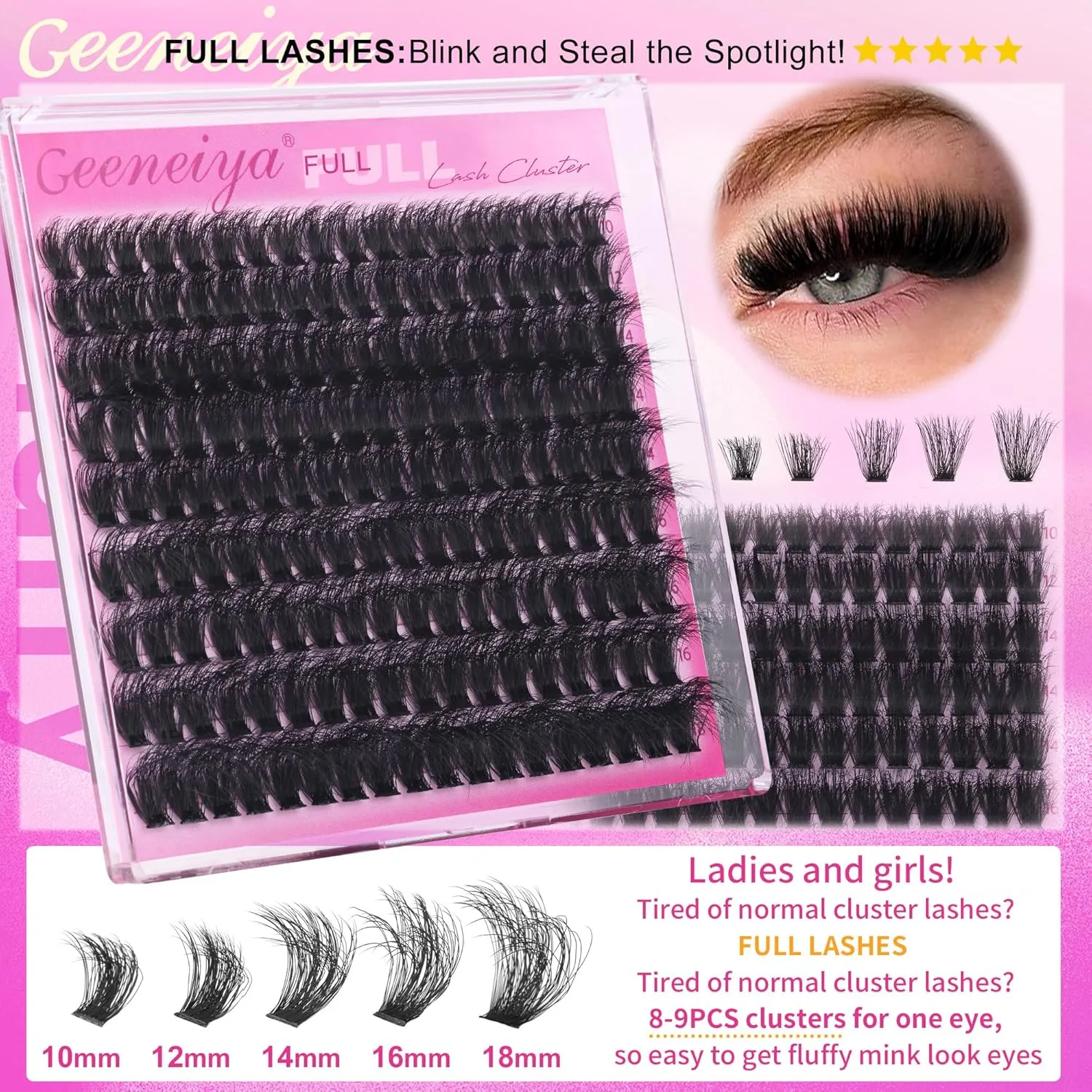 Geeneiya 5 Styles Lash Clusters Kit, Volume/Mega/Full/Bottom Eyelash Clusters Extensions with Lash Bond and Seal, Remover and Lash Extension Tools for Beginners and Proficient, DIY at Home Easily