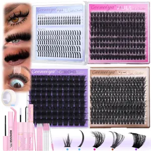 Geeneiya 5 Styles Lash Clusters Kit, Volume/Mega/Full/Bottom Eyelash Clusters Extensions with Lash Bond and Seal, Remover and Lash Extension Tools for Beginners and Proficient, DIY at Home Easily