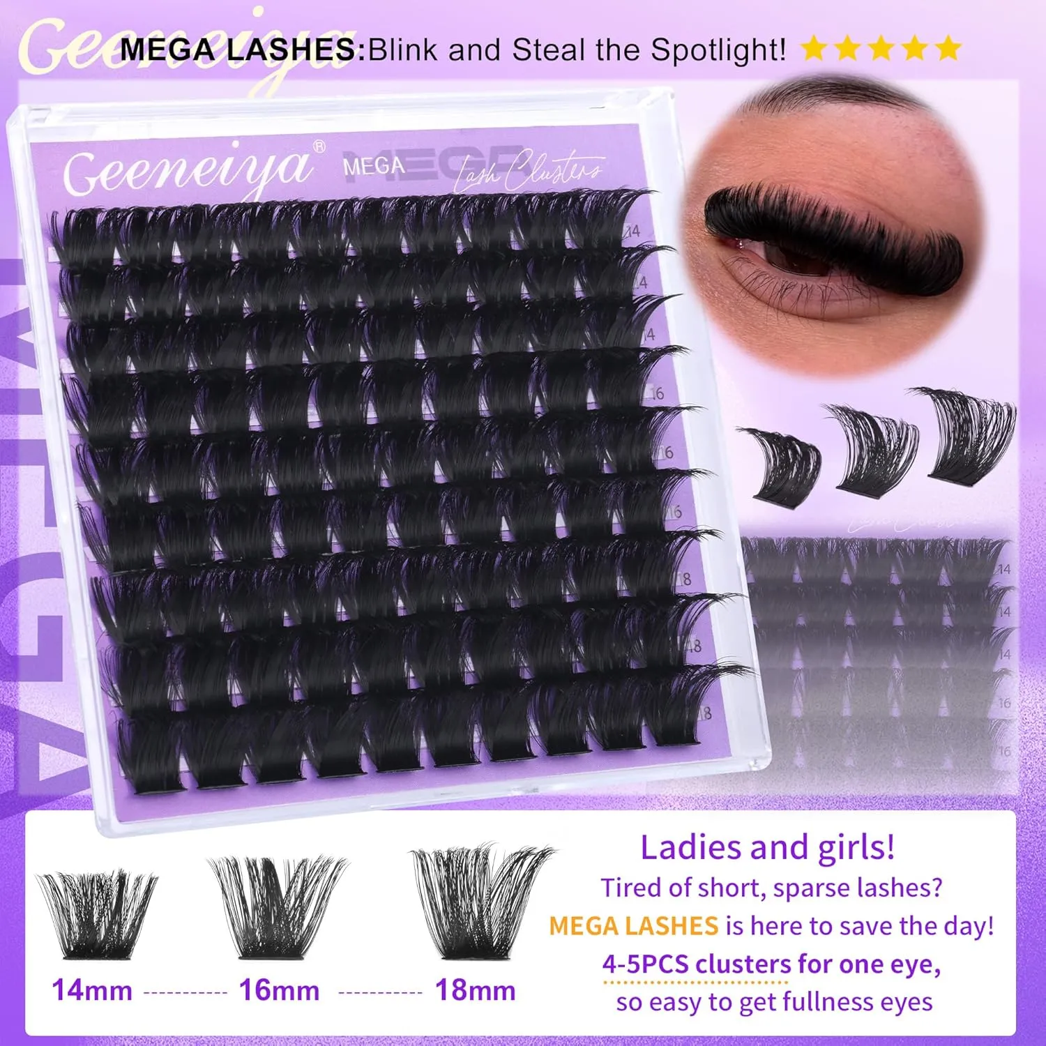 Geeneiya 5 Styles Lash Clusters Kit, Volume/Mega/Full/Bottom Eyelash Clusters Extensions with Lash Bond and Seal, Remover and Lash Extension Tools for Beginners and Proficient, DIY at Home Easily