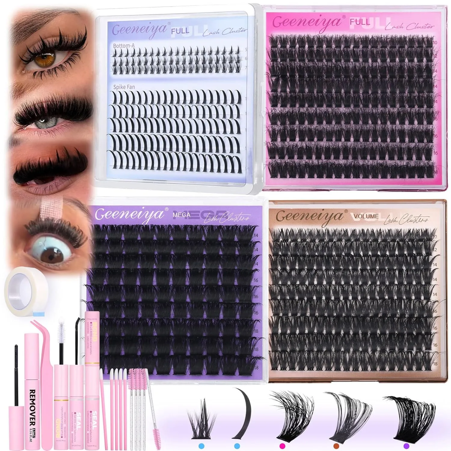 Geeneiya 5 Styles Lash Clusters Kit, Volume/Mega/Full/Bottom Eyelash Clusters Extensions with Lash Bond and Seal, Remover and Lash Extension Tools for Beginners and Proficient, DIY at Home Easily