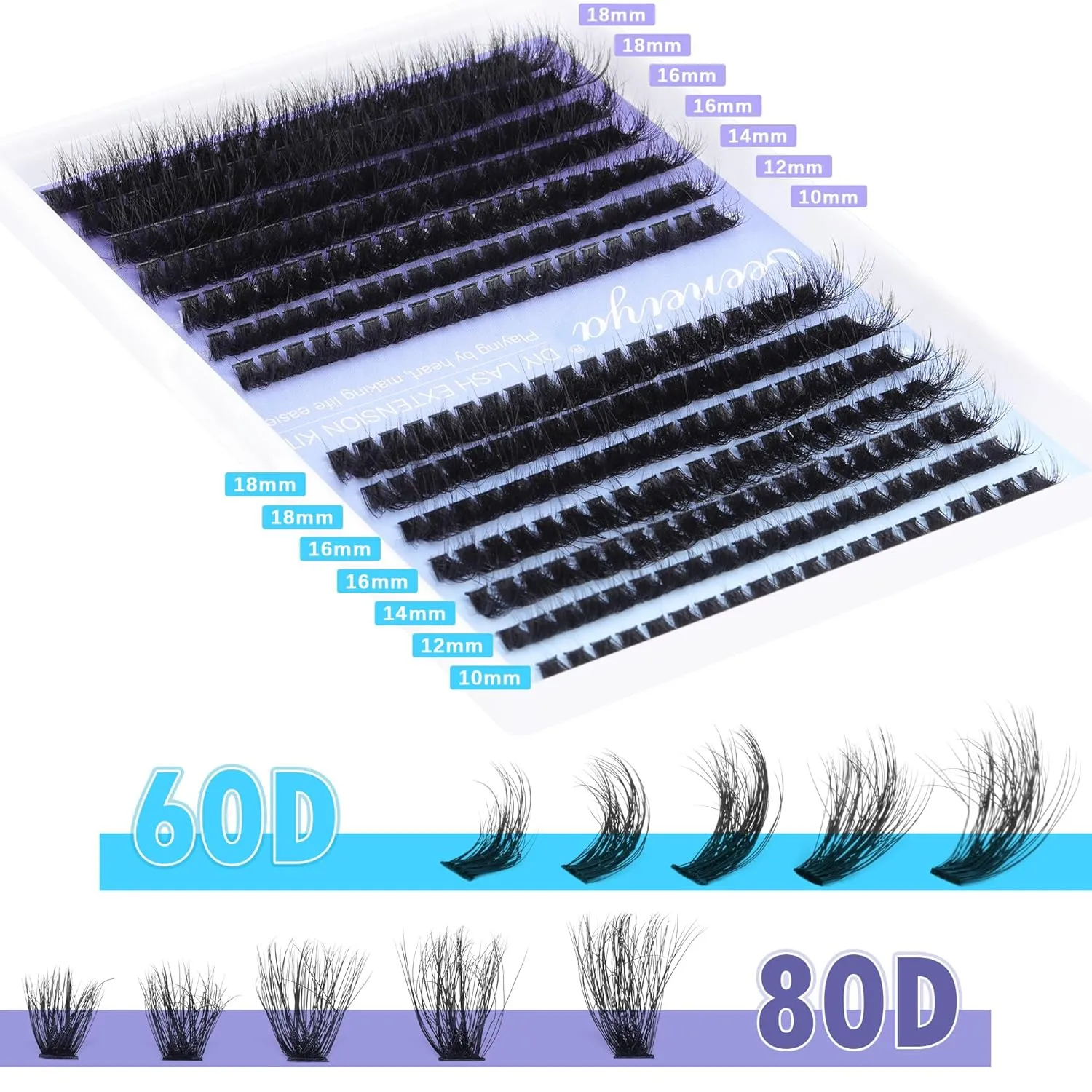 Geeneiya Full Lash Extension Kit Cluster Eyelash Extension Kit Clusters Individual Lashes Kit with Lash Bond and Seal Glue, Lash Remover, Lash Applicator, User Manual for Beginners(60P 80P, 280Pcs)