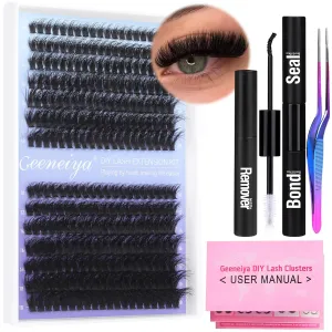 Geeneiya Full Lash Extension Kit Cluster Eyelash Extension Kit Clusters Individual Lashes Kit with Lash Bond and Seal Glue, Lash Remover, Lash Applicator, User Manual for Beginners(60P 80P, 280Pcs)