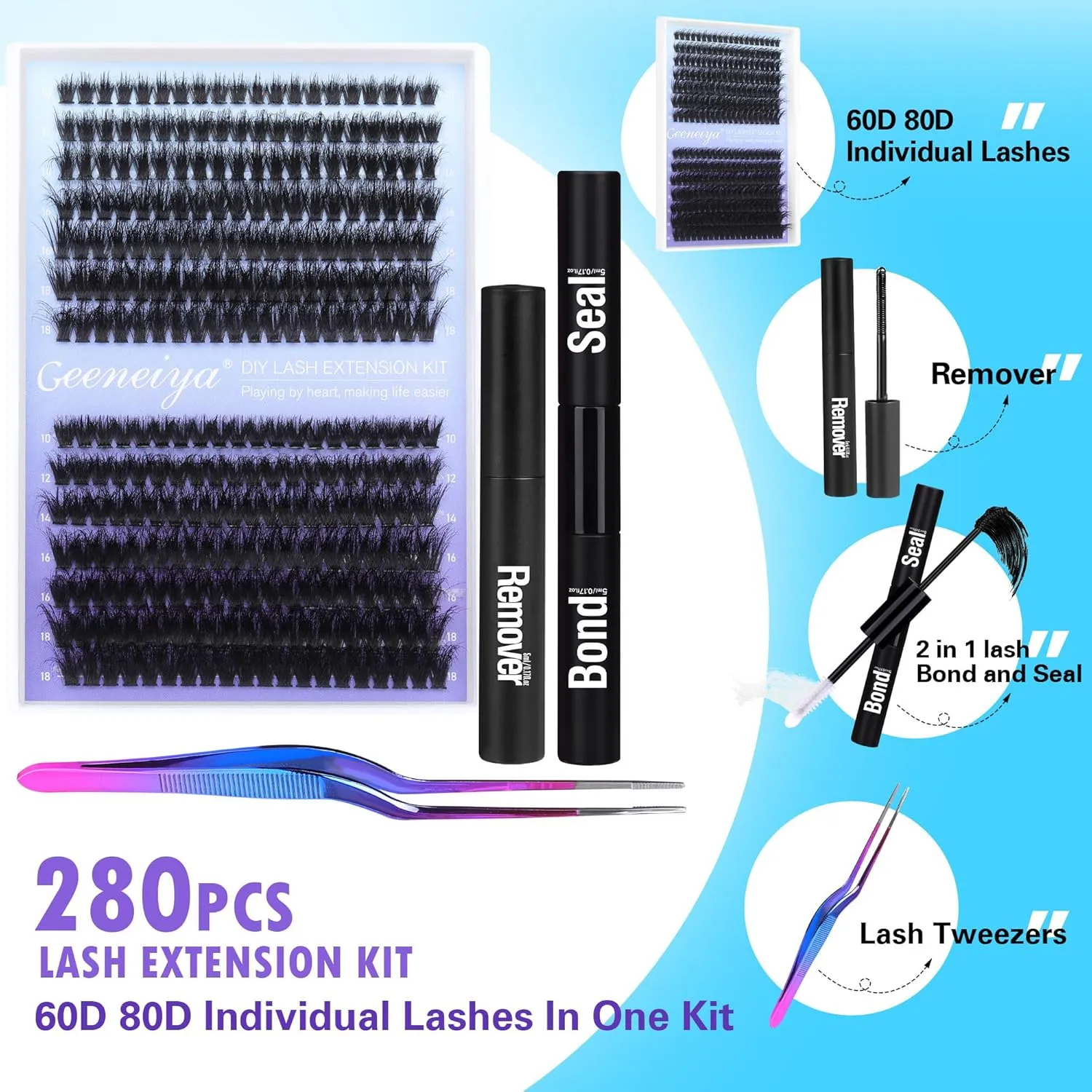 Geeneiya Full Lash Extension Kit Cluster Eyelash Extension Kit Clusters Individual Lashes Kit with Lash Bond and Seal Glue, Lash Remover, Lash Applicator, User Manual for Beginners(60P 80P, 280Pcs)