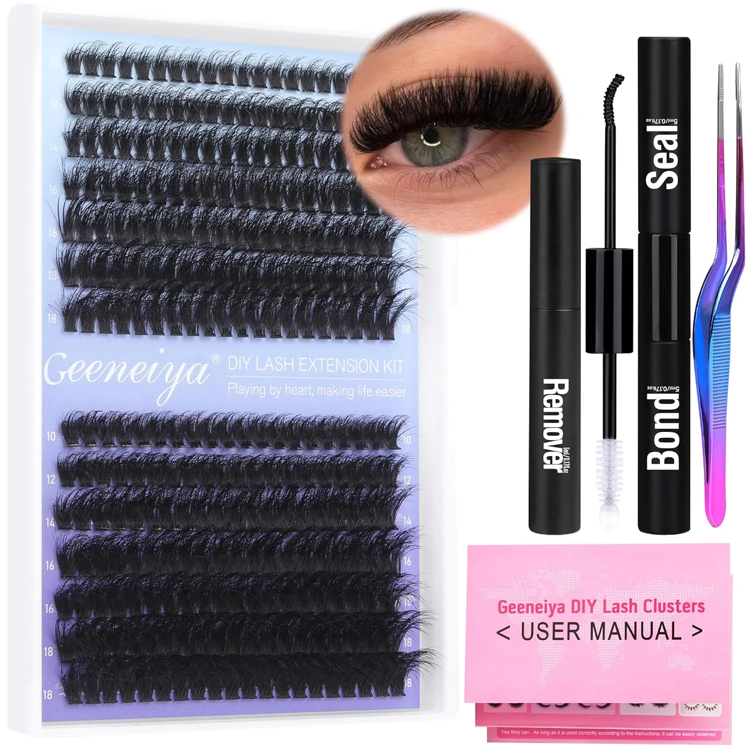 Geeneiya Full Lash Extension Kit Cluster Eyelash Extension Kit Clusters Individual Lashes Kit with Lash Bond and Seal Glue, Lash Remover, Lash Applicator, User Manual for Beginners(60P 80P, 280Pcs)