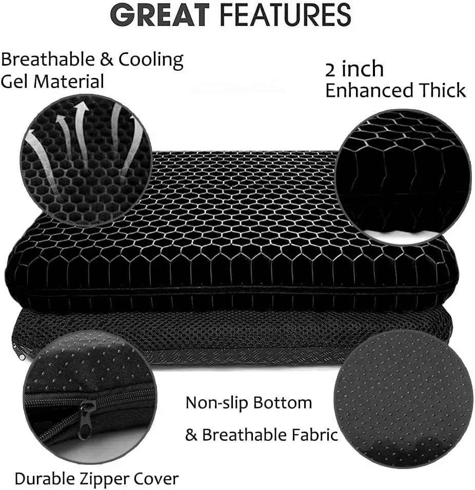 Gel Seat Cushion for Long Sitting, Extra Thick Gel Cushion for Wheelchair Soft Chair Pads Cushion for Office Home Chairs Car Seats Long Trips - Back Sciatica Hip Tailbone Pain Relief Cushion (Black)