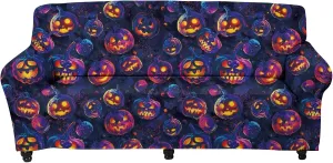 GLENLCWE Neon Pumpkin Print Stretch Sofa Cover for 4 Cushion Couch,Washable Halloween Sofa Slipcover with Elastic Bottom Non Slip Furniture Protector for Home Decor