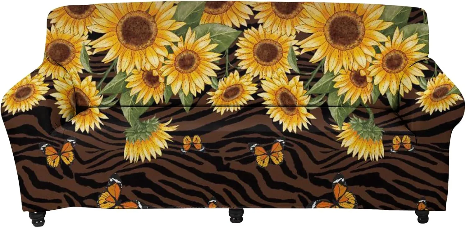 GLENLCWE Sunflower Bronze Stripe Print Sofa Cover Stretch Cushion Cover Washable Couch Cover Stain Assistant Furniture Protector Washable Sofa Slipcover,4 Seater