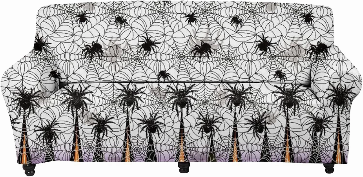 GLENLCWE Black Spider Cobweb Print Sofa Slipcover for 4 Cushion Couch,1Piece Halloween Sofa Couch Cover Gift for Home Furniture Protector Washable for Pets Kids