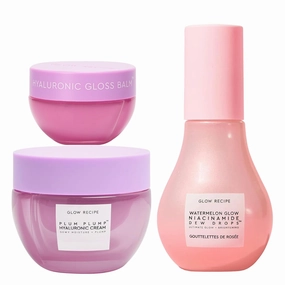 Glow Recipe Gloss & Glow Trio - Hydrating Plum Plump Hyaluronic Cream (50 ml)   Plum Plump Hylauronic Acid Gloss Lip Balm for Dry Lips (15 ml)   Niacinamide Dew Drops Brightening Serum (40 ml)