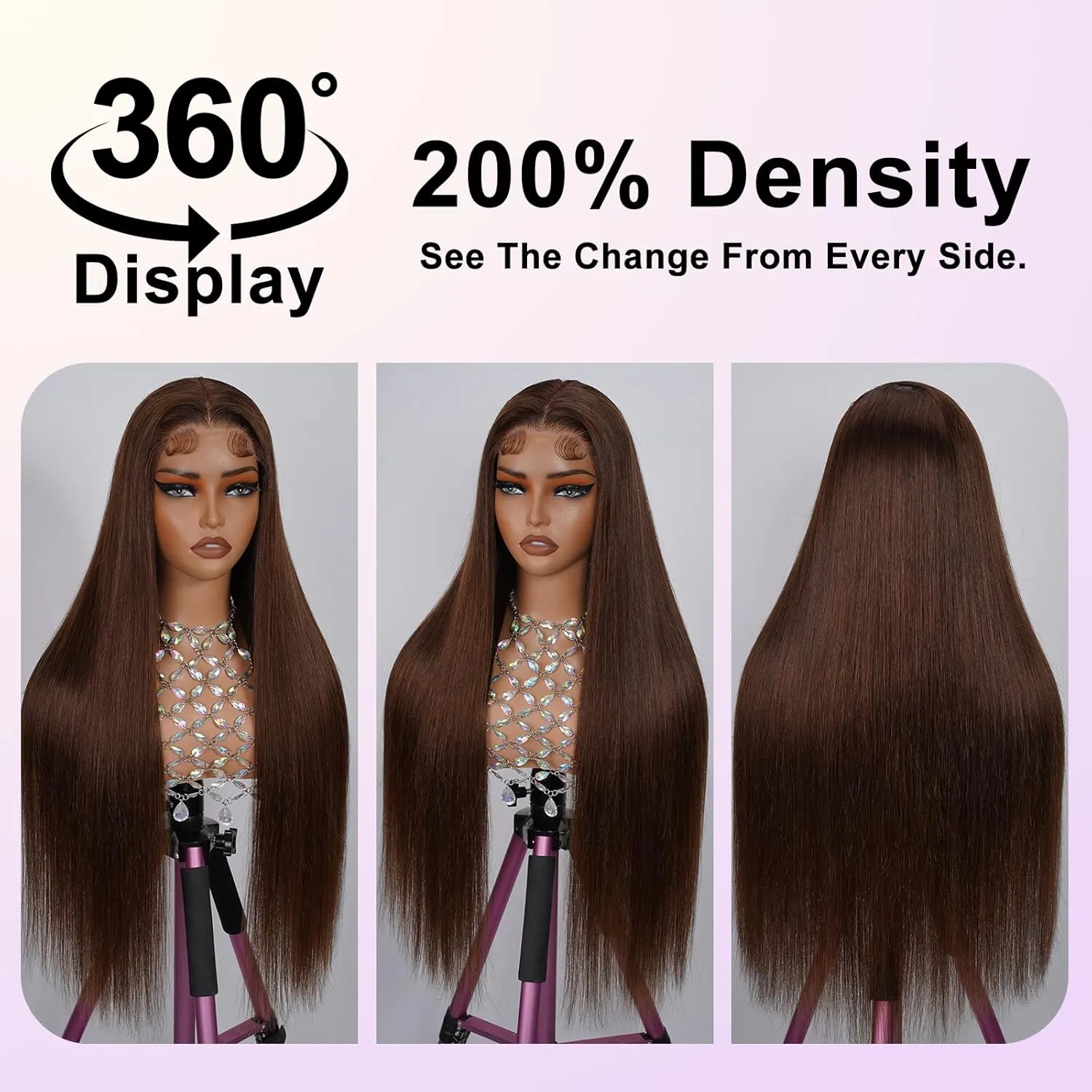 Glueless Wigs Human Hair Pre Plucked Pre Cut 200% Density Straight Chocolate Brown Lace Front Wig 5x5 HD Lace Closure Wigs Human Hair 12A Wear and Go Glueless Chocolate Brown Wig 26 Inch