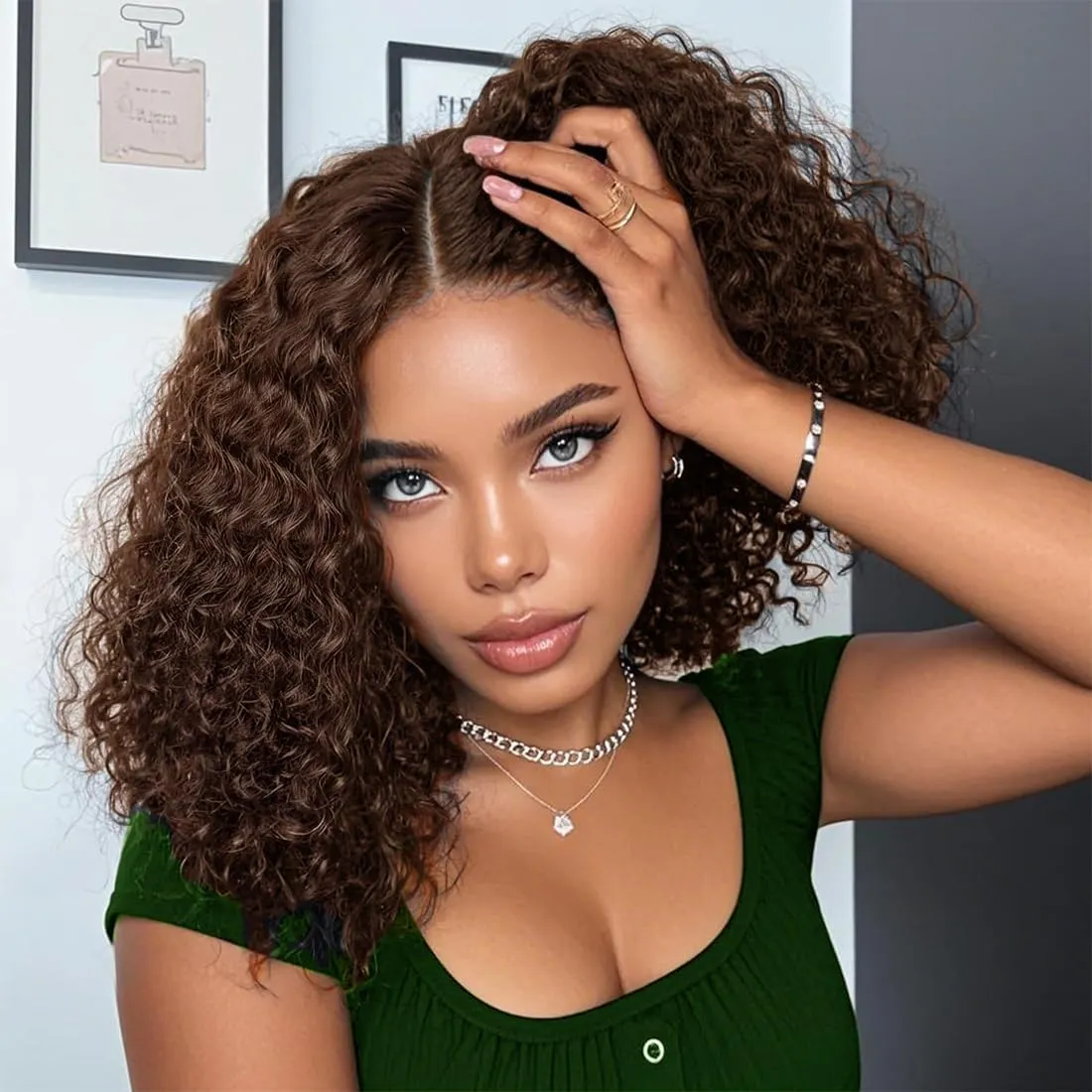 Glueless Wigs Human Hair Pre Plucked Pre Cut 220 Density Brown Wig Human Hair Curly 7x5 Chocolate Brown Lace Front Wigs Human Hair Glueless Wear and Go 14Inch Short Curly Wigs for Black Women