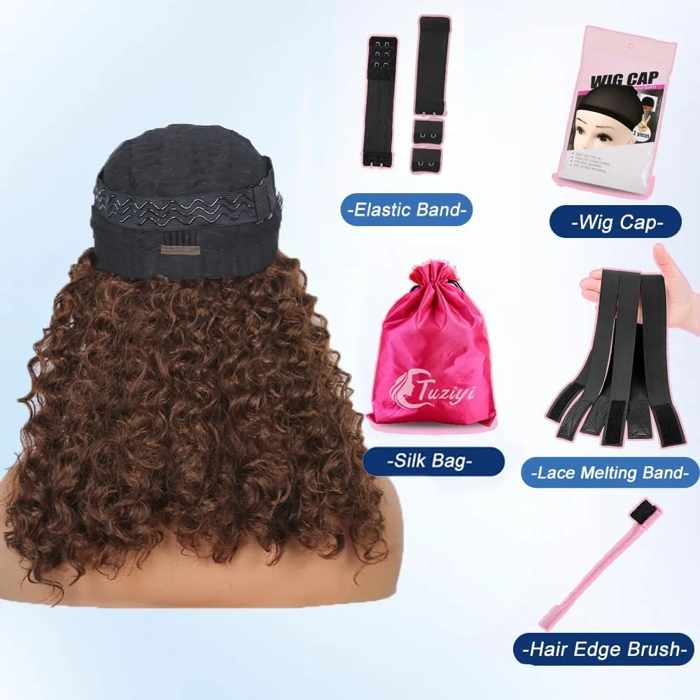 Glueless Wigs Human Hair Pre Plucked Pre Cut 220 Density Brown Wig Human Hair Curly 7x5 Chocolate Brown Lace Front Wigs Human Hair Glueless Wear and Go 14Inch Short Curly Wigs for Black Women