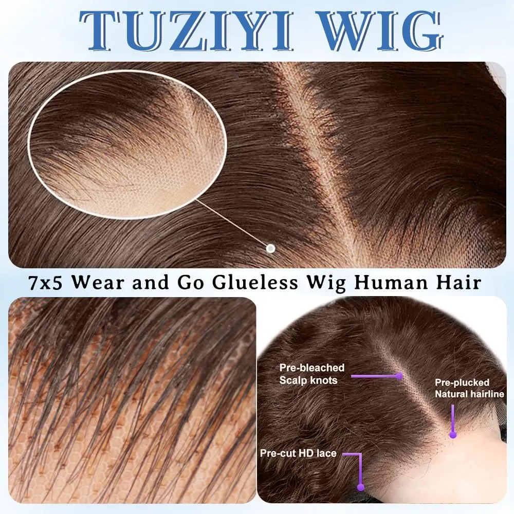Glueless Wigs Human Hair Pre Plucked Pre Cut 220 Density Brown Wig Human Hair Curly 7x5 Chocolate Brown Lace Front Wigs Human Hair Glueless Wear and Go 14Inch Short Curly Wigs for Black Women
