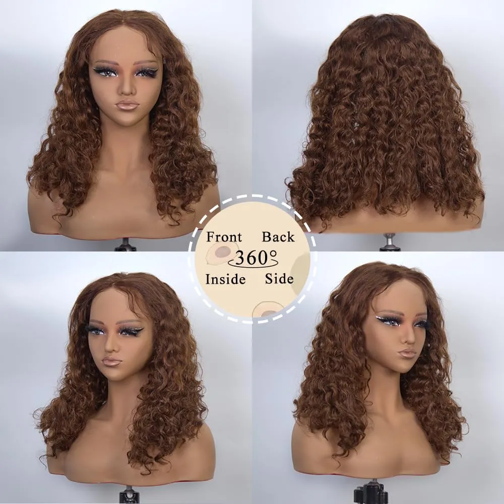 Glueless Wigs Human Hair Pre Plucked Pre Cut 220 Density Brown Wig Human Hair Curly 7x5 Chocolate Brown Lace Front Wigs Human Hair Glueless Wear and Go 14Inch Short Curly Wigs for Black Women
