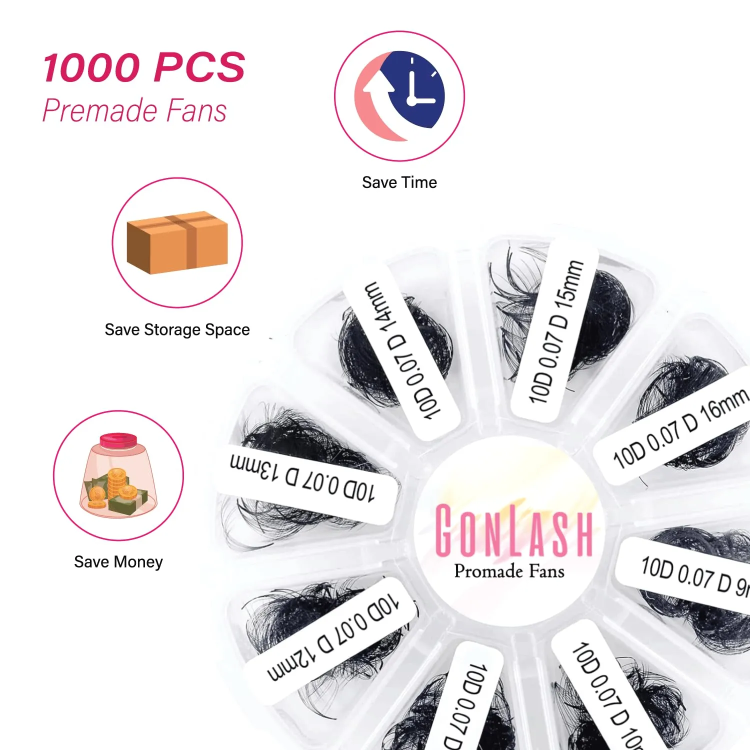 GON Lash 1000 Fans Tray Volume Lash Extensions Mixed length | Premade Fans Eyelash Extensions | Mega Lash Extension | Promades Eyelash Fans | D Curl, 9-16mm, 3D