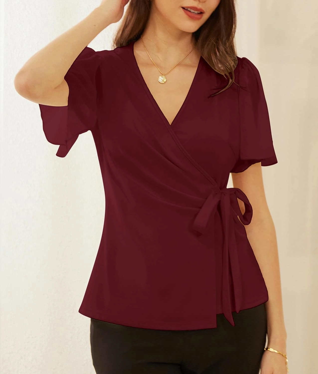 GRACE KARIN 2025 Womens Summer Tops Dressy Business Casual Chiffon Short Sleeve V-Neck Wrap Work Fitted Blouses