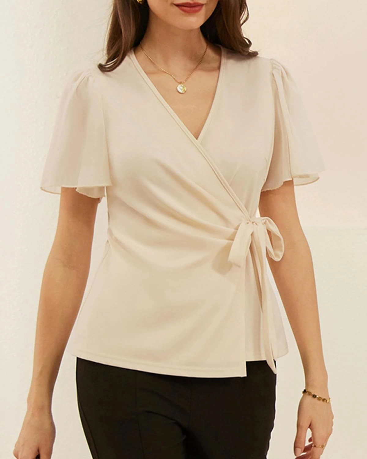 GRACE KARIN 2025 Womens Summer Tops Dressy Business Casual Chiffon Short Sleeve V-Neck Wrap Work Fitted Blouses