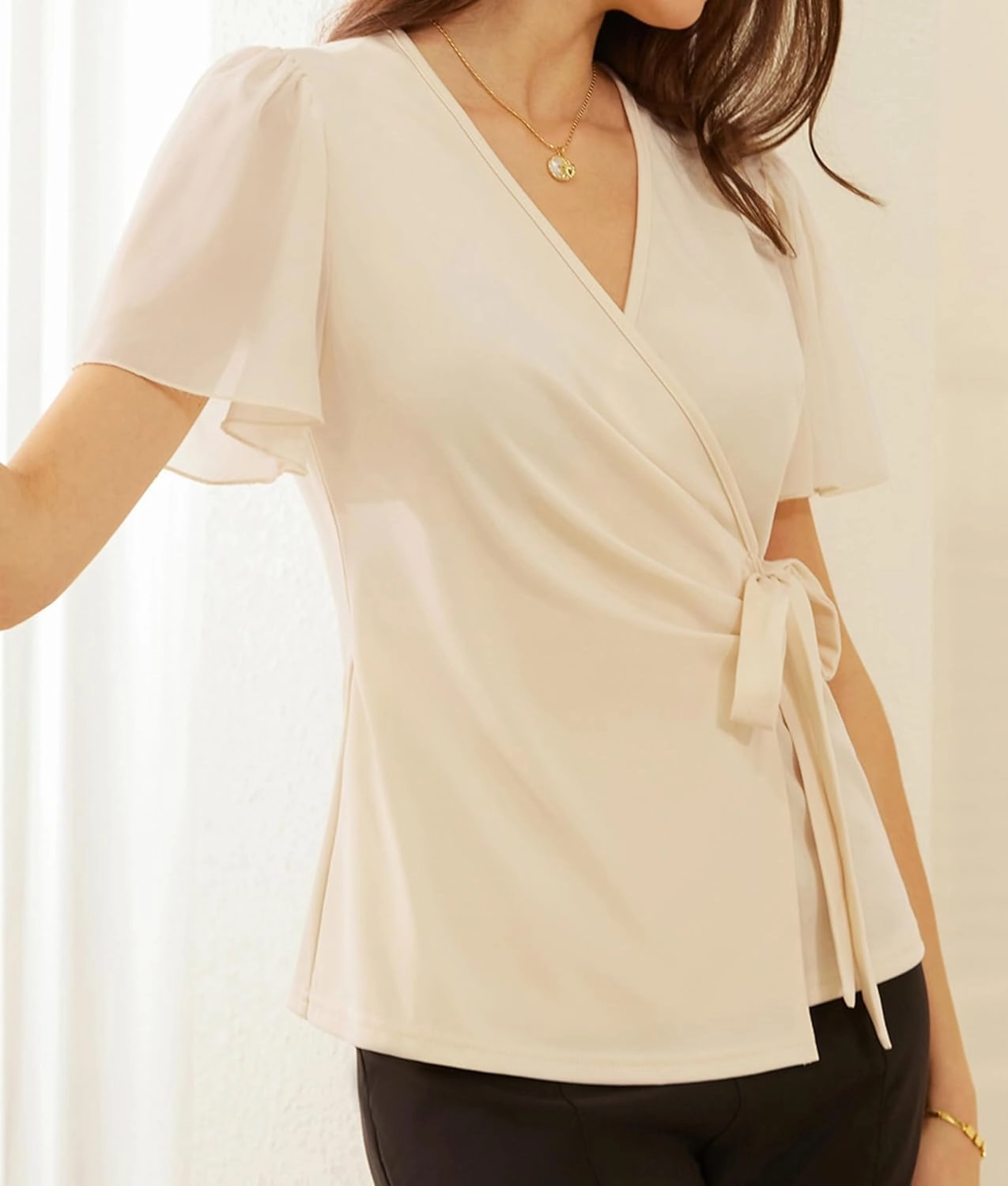 GRACE KARIN 2025 Womens Summer Tops Dressy Business Casual Chiffon Short Sleeve V-Neck Wrap Work Fitted Blouses
