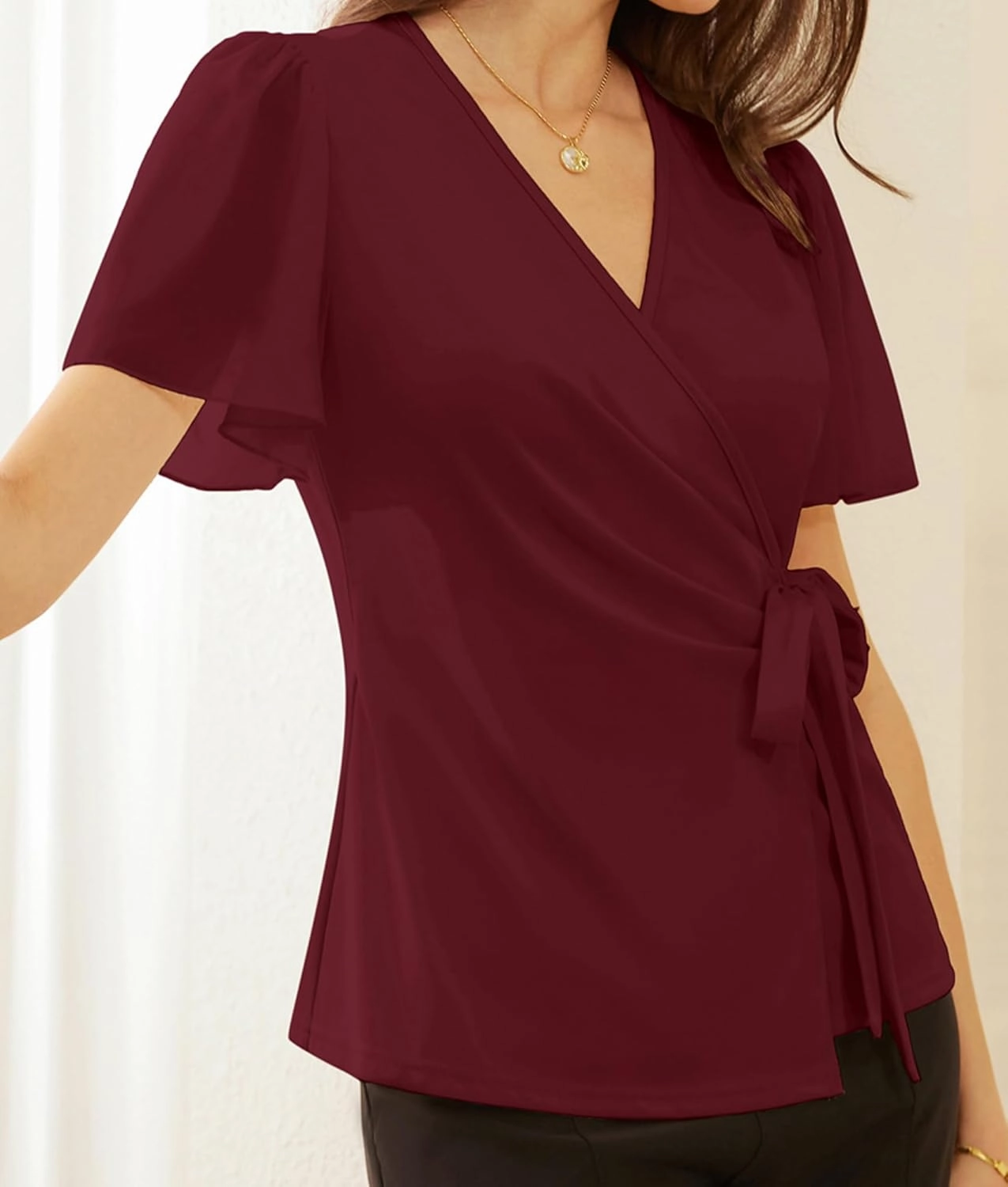 GRACE KARIN 2025 Womens Summer Tops Dressy Business Casual Chiffon Short Sleeve V-Neck Wrap Work Fitted Blouses