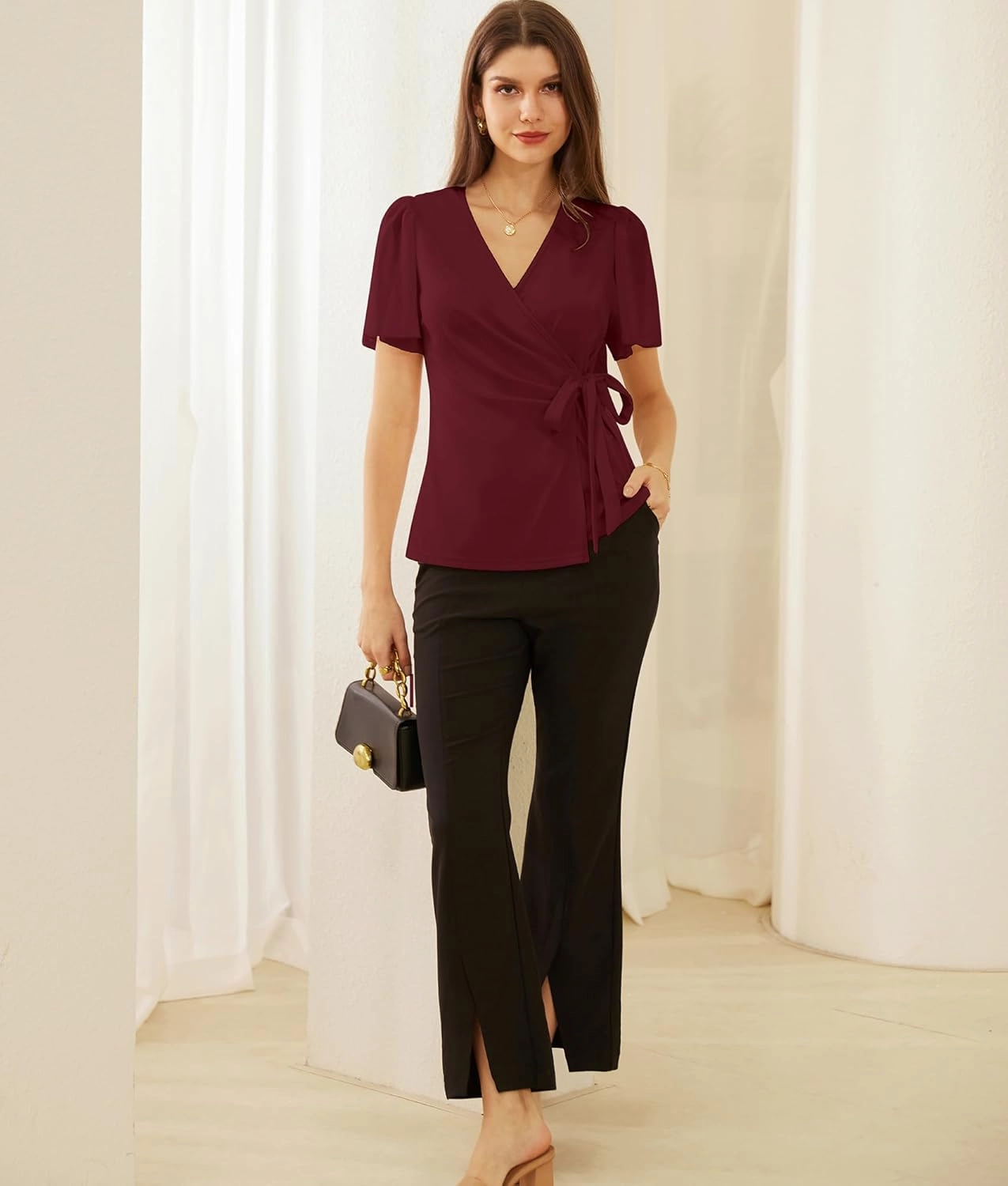 GRACE KARIN 2025 Womens Summer Tops Dressy Business Casual Chiffon Short Sleeve V-Neck Wrap Work Fitted Blouses