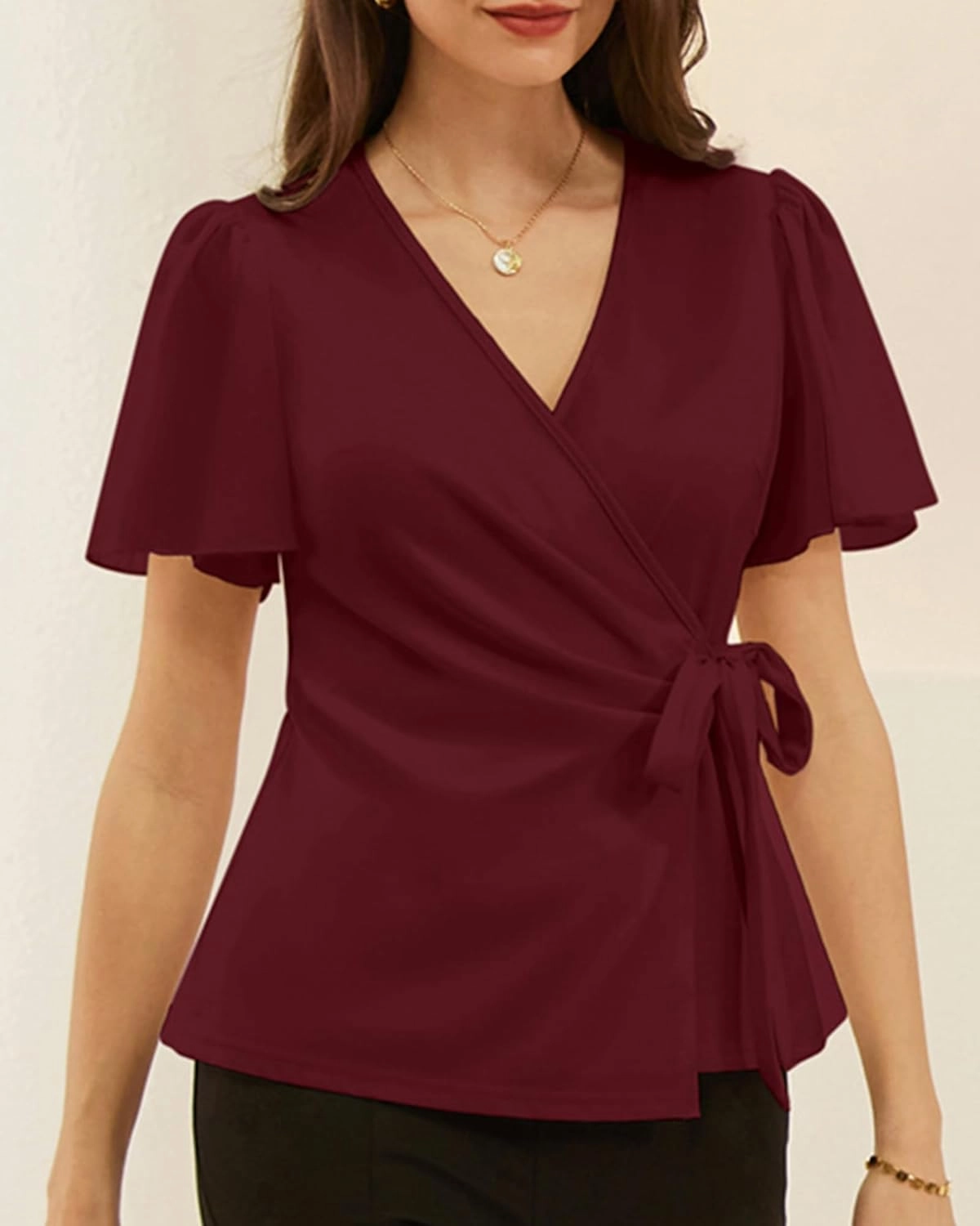 GRACE KARIN 2025 Womens Summer Tops Dressy Business Casual Chiffon Short Sleeve V-Neck Wrap Work Fitted Blouses
