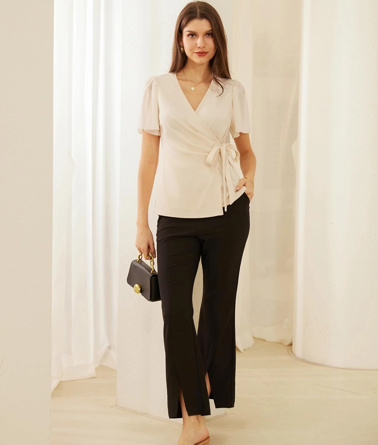 GRACE KARIN 2025 Womens Summer Tops Dressy Business Casual Chiffon Short Sleeve V-Neck Wrap Work Fitted Blouses