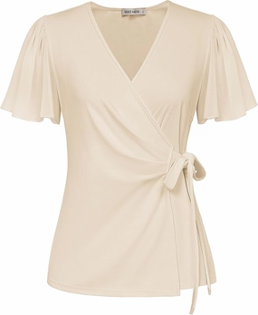 GRACE KARIN 2025 Womens Summer Tops Dressy Business Casual Chiffon Short Sleeve V-Neck Wrap Work Fitted Blouses