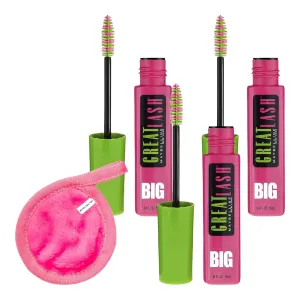 Great Lash Big Mascara, Blackest Black, Washable, Volumizing & Lengthening, Paired with Makeup Cleansing Cloth, Smudge-Proof, Long-Lasting Black Mascara Washable (Pack Of 3)